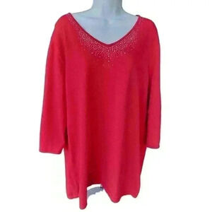 Quacker Factory /Red Jeweled Beaded Rhinestone V Neck Knit Top/ Women's Plus 1X